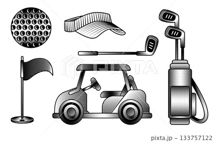 Golf sport equipment hand drawn vector illustration set ball clubs in bag cart flag visor cap vintage engraving style black isolated club logo or tournament Golf sport equipment hand drawn vector illustration set ball clubs in bag cart flag visor cap vintage engraving style black isolated club logo or tournament 133757122