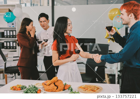 Diversity, dinner and group of people toast celebration together at party. Friends, happy and celebrate with food, wine and friendship for love, support and cheers champagne at business function Diversity, dinner and group of people toast celebration together at party. Friends, happy and celebrate with food, wine and friendship for love, support and cheers champagne at business function 133757221