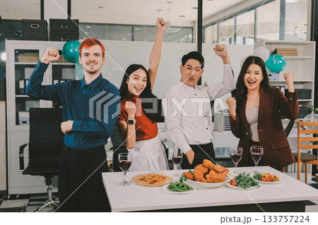 Diversity, dinner and group of people toast celebration together at party. Friends, happy and celebrate with food, wine and friendship for love, support and cheers champagne at business function Diversity, dinner and group of people toast celebration together at party. Friends, happy and celebrate with food, wine and friendship for love, support and cheers champagne at business function 133757224
