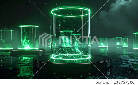 Clear glass of water and green beverage on green background Clear glass of water and green beverage on green background 133757306