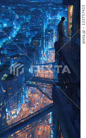 大都会の喧騒と静寂：屋上からの夜景のイラスト素材 [133757415] - PIXTA