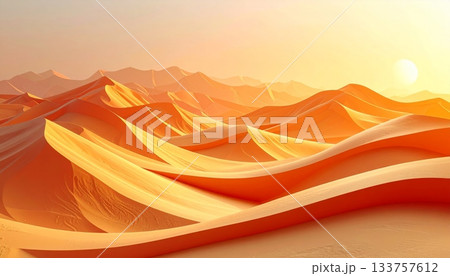 Morocco's Sahara Desert landscape glows at sunset with orange light reflecting off the dry sand dunes 133757612