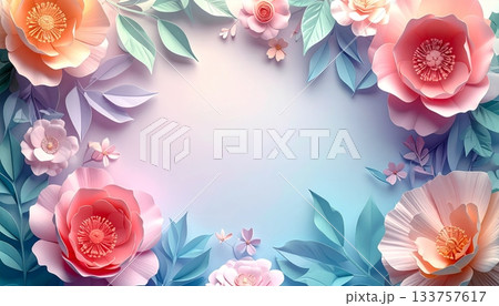 Abstract floral frame background with pink roses, flowers, and leaves perfect for a wedding card, Valentine's Day, or a beautiful spring design Abstract floral frame background with pink roses, flowers, and leaves perfect for a wedding card, Valentine's Day, or a beautiful spring design 133757617
