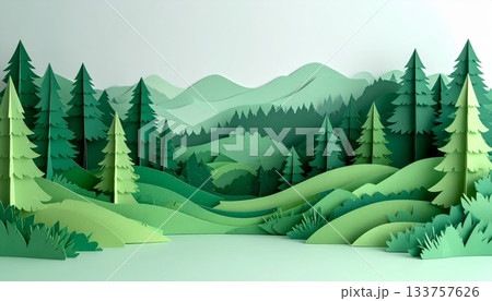 Vector illustration of a cold winter forest landscape with snow, pine trees, and distant mountains under a frosty sky, perfect for a Christmas holiday scene 133757626