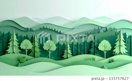 Vector illustration of a cold winter forest landscape with snow, pine trees, and distant mountains under a frosty sky, perfect for a Christmas holiday scene 133757627