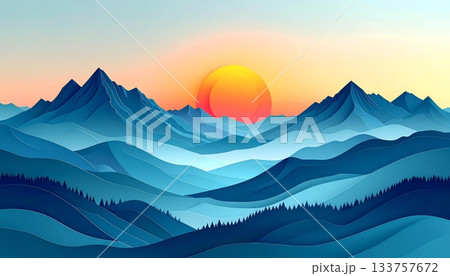 Sunrise over a mountain landscape with fog in the valley and a clear blue sky on the horizon 133757672