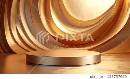 Abstract golden background design with metallic steel texture, circular swirl pattern, and black vinyl record aesthetic 133757689