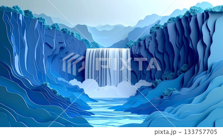 Abstract blue background featuring cold arctic water waves and a frozen, white glacier landscape under a cloudy sky Abstract blue background featuring cold arctic water waves and a frozen, white glacier landscape under a cloudy sky 133757705