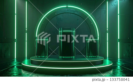 A 3D render of a glowing green symbol glittering on the night sky, reflected in an isolated glass container of transparent liquid A 3D render of a glowing green symbol glittering on the night sky, reflected in an isolated glass container of transparent liquid 133758041