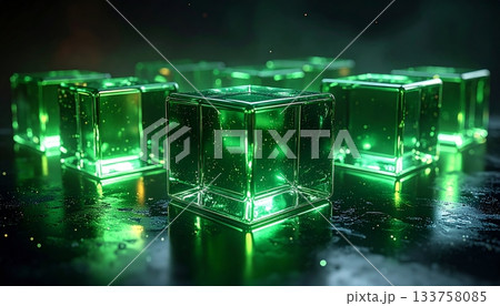 Digital science abstract technology background with binary code pattern on a green circuit board motherboard chip for data communication and hardware electronics 133758085