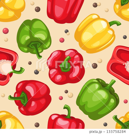 Bell pepper seamless pattern. Repeated whole vegetables and halves with seeds, sweet taste, red, yellow and green textile, wrapping paper, wallpaper. Print for fabric classy vector background 133758284