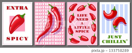 Cartoon pepper cards. Spicy hot vegetables, red chilli, carolina reaper, vegetarian organic food, farm gardening product, meal with burning taste, funny print and posters, classy vector set 133758289