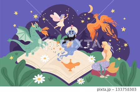 Fairy tale reading book. Various mythical and fabulous characters, magic creatures, dragon, cute phoenix, mermaid and gin, mythology story, cartoon flat isolated garish vector concept 133758303