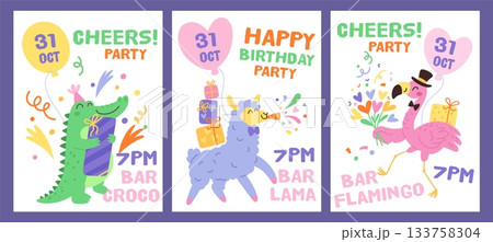 Festive animals party cards. Funny crocodile, llama and flamingos with gifts, bouquets and firecrackers, kids birthday posters and invitations design, garish vector cartoon isolated set 133758304