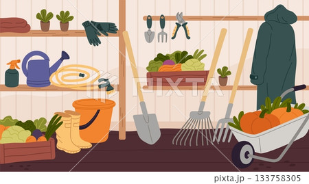 Gardening tools room interior. Storage facility with different farm elements, cartoon rakes, shovels, crates of crops in barn, shelves and vegetable harvest in boxes garish vector concept Gardening tools room interior. Storage facility with different farm elements, cartoon rakes, shovels, crates of crops in barn, shelves and vegetable harvest in boxes garish vector concept 133758305