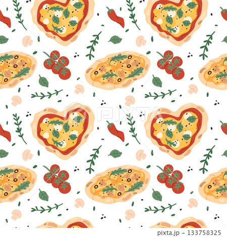 Pizza seamless pattern. Italian fast food, repeated ingredients, dough, cheese, tomatoes, basil, tasty margherita. Decor textile, wrapping paper, wallpaper. Garish vector background Pizza seamless pattern. Italian fast food, repeated ingredients, dough, cheese, tomatoes, basil, tasty margherita. Decor textile, wrapping paper, wallpaper. Garish vector background 133758325