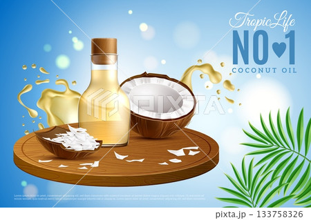 Realistic coconut oil poster. Bottle with yellow liquid, water in motion, nut pieces and splashes, marketing promotional banner 3d isolated elements. Cooking ingredient. Vector concept 133758326