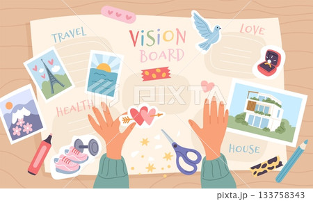 Vision board with hands. Strategic collage with dreams and goals, pictures visualizations, future planning process, travel, health, love and house cartoon isolated garish vector concept 133758343