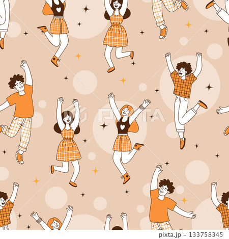 Party Seamless Pattern with Happy Playful People Dancing on Beige Background. Hand Drawn Doodles. Vector illustration. Not AI 133758345
