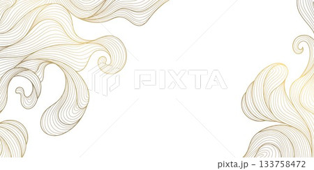 Vector gold line pattern, smooth waves, swirling leaves, Japanese premium abstract background. Elegant design luxury packaging, cosmetic branding, modern wallpapers. 133758472