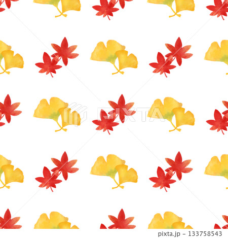 紅葉とイチョウ 水彩シームレスパターン 秋の葉 背景素材 イラスト デザイン素材 133758543