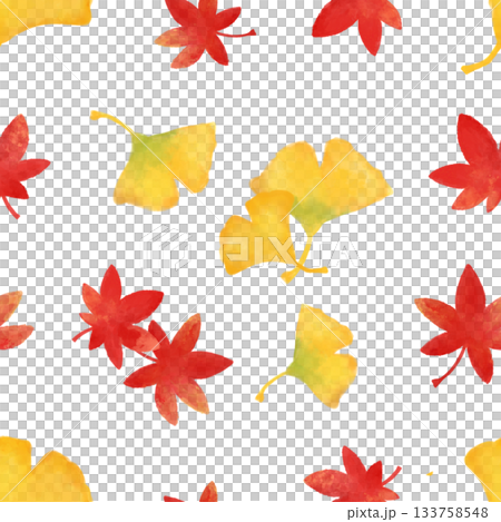 紅葉とイチョウ 水彩シームレスパターン 秋の葉 背景素材 イラスト デザイン素材 133758548