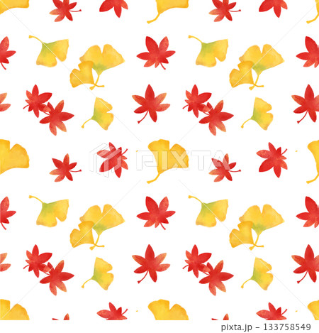 紅葉とイチョウ 水彩シームレスパターン 秋の葉 背景素材 イラスト デザイン素材 133758549