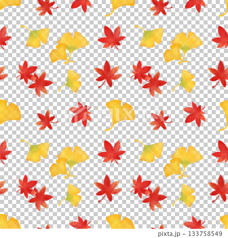 紅葉とイチョウ 水彩シームレスパターン 秋の葉 背景素材 イラスト デザイン素材 133758549