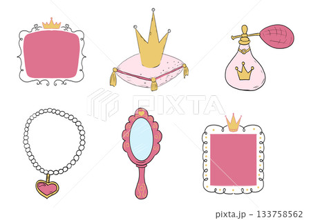 Princess cute pink frame sketch set with crown swirl decorations. Simple doodle hand drawn border. Whimsical elegant vintage. 133758562