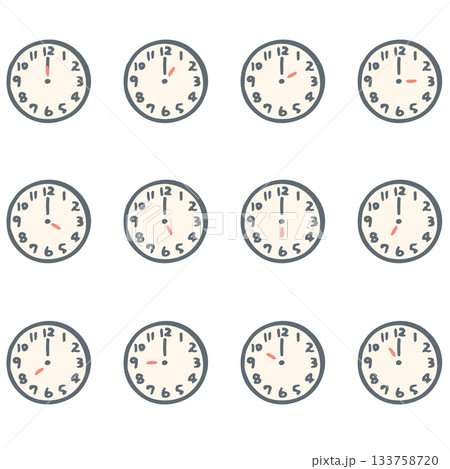 やさしい園じかんイラスト（時計シリーズ）｜いろいろな時刻の時計セット（12時間分） 133758720