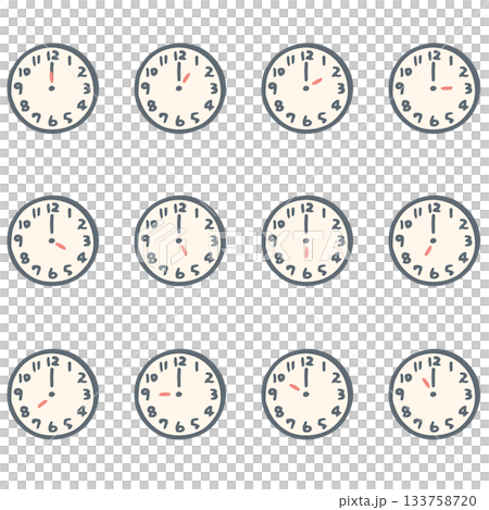 やさしい園じかんイラスト（時計シリーズ）｜いろいろな時刻の時計セット（12時間分） 133758720