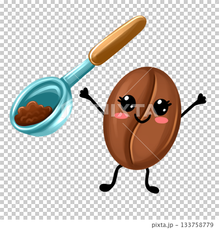 A cute cartoon coffee bean with eyes and a measuring spoon for coffee. Clip art for a coffee shop. A cute cartoon coffee bean with eyes and a measuring spoon for coffee. Clip art for a coffee shop. 133758779