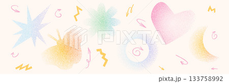 Colorful y2k star, heart, butterfly, flower shapes with grain noise gradient set. Trendy blue, green, pink stippling forms set. Butterfly, floral icons on beige background. Vector pastel illustration 133758992