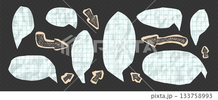 Paper dialogue balloons. Speech bubbles grid school collection with rough crumpled texture. Kids chat bubble, torn math paper stickers, wrinkled speech templates for social media, notebook collage bg Paper dialogue balloons. Speech bubbles grid school collection with rough crumpled texture. Kids chat bubble, torn math paper stickers, wrinkled speech templates for social media, notebook collage bg 133758993