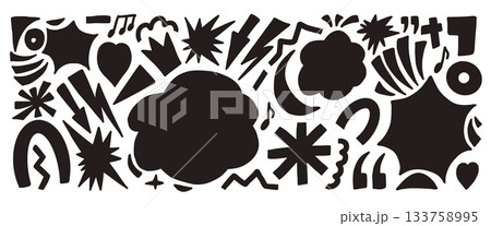 Bang boom text boxes silhouette background. Geometric and organic abstract figures silhouettes. Paper collage with stars, arrows, heart, and doodles. Black graphic illustration. Vector set isolated 133758995