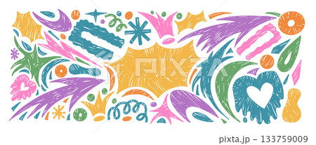 Crayon abstract geometric shapes background. Geometry and freeform abstract naive hand drawn doodle figures. Collage stickers with bang text box stars, arrows shapes. Vector pen illustration isolated 133759009