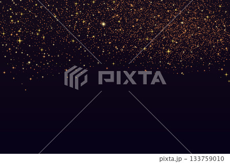 Bronze glitter dust background. Shimmer golden spray effect for Christmas banners. Shiny confetti, stardust light powder texture. Festive particles border on dark background. Vector illustration 133759010