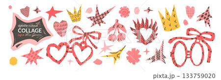 Love symbols doodle collage. Heart paper cutout with crayon texture patterns. Scrapbook romantic sign girly shapes. Vector bachelorette or Valentine illustration isolated no bg. Angular paper cut outs Love symbols doodle collage. Heart paper cutout with crayon texture patterns. Scrapbook romantic sign girly shapes. Vector bachelorette or Valentine illustration isolated no bg. Angular paper cut outs 133759020