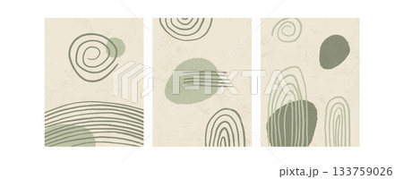 Boho olive wall arts set. Curve and arch doodle posters set. Abstract japandi interior wall decor. Vector geometry and organic shapes background zen. Irregular lines and swirls figures on beige bg Boho olive wall arts set. Curve and arch doodle posters set. Abstract japandi interior wall decor. Vector geometry and organic shapes background zen. Irregular lines and swirls figures on beige bg 133759026