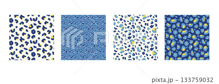 Blue yellow animal seamless pattern print collection. Leopard spots backgrounds set. Vector seamless bg. Camo trendy monochrome cheetah mini patterns. Modern irregular blobs ornaments wallpapers 133759032