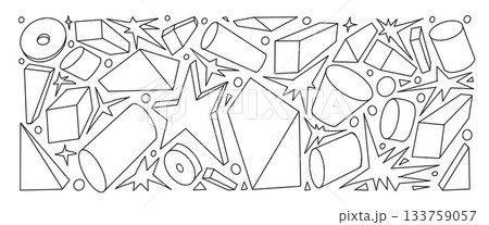 Geometric figures pattern. Playful doodle elements featuring 3d triangles, stars, cylindric. Black scribble line childish illustrations for creative projects. Vector doodle background pattern Geometric figures pattern. Playful doodle elements featuring 3d triangles, stars, cylindric. Black scribble line childish illustrations for creative projects. Vector doodle background pattern 133759057