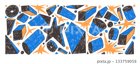 Scribbles abstract geometric shapes with crayon texture. Naive kids irregular geometry elements in markers doodles. Organic vector brush-stroke figures for playful backgrounds and fun collages bg 133759058