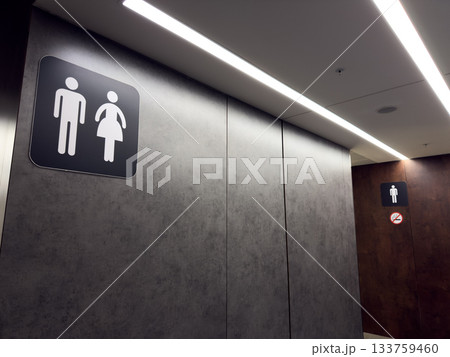 Modern hallway interior with gentleman and lady sign. Gender separated restroom symbol on wall in front of restroom entrance. Public restroom hygiene concept 133759460