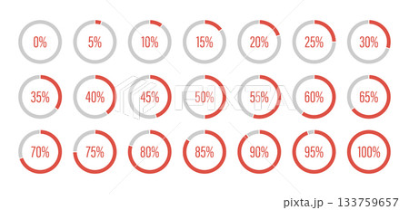 Red and gray color fill pie charts indicator. Red progress bars. Round graph loading progress set. Circle diagrams icons for infographics from 100 to 0 percent. Round percentage infographic. 133759657