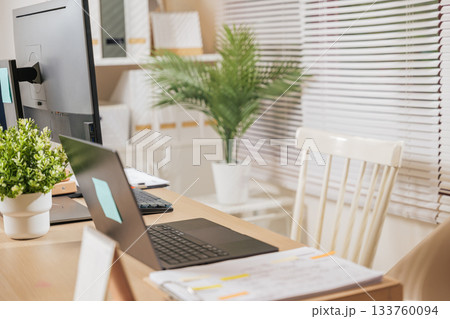 home office workspace features modern business desk, laptop computer, monitor setup, documents, green plants, creating productive environment for remote work, digital tasks, comfortable chairs. home office workspace features modern business desk, laptop computer, monitor setup, documents, green plants, creating productive environment for remote work, digital tasks, comfortable chairs. 133760094