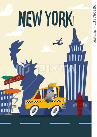 Cartoon New York city illustration with a pigeon driving a yellow taxi, Statue of Liberty silhouette, skyscrapers, Broadway sign and street details in a playful flat vector style 133760186