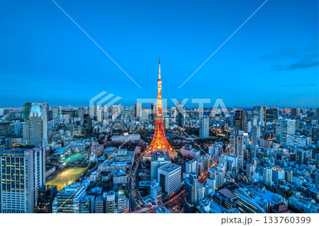 夜の東京タワーが輝く東京の夜景パノラマ 133760399