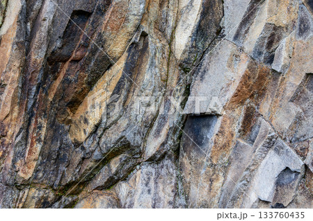 Layered fractures in brown and gray rock create textured background with natural earthy tones 133760435