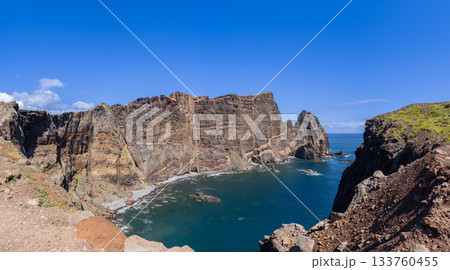 Sao Lourenco bay in Madeira with clear water below striped basalt cliffs and rugged terrain Sao Lourenco bay in Madeira with clear water below striped basalt cliffs and rugged terrain 133760455