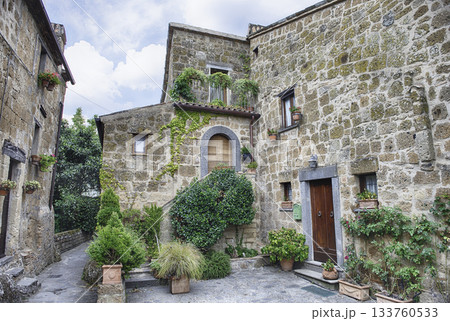 Ancient Stone Dwellings and Verdant Foliage in Civita di Bagnoregio 133760533